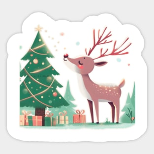 Reindeer Enjoying Their Christmas Tree - White Background Sticker